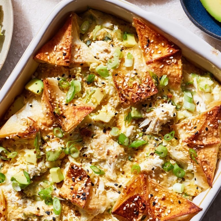 Homemade Avocado Crab Rangoon Bake—easy recipe showcasing seafood, avocado chunks, and golden-brown wontons.