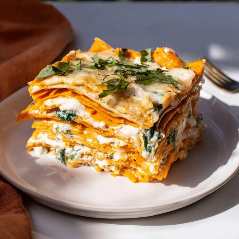 Warm, comforting Alfredo Sweet Potato Lasagna slice, ready to serve with fresh basil garnish.
