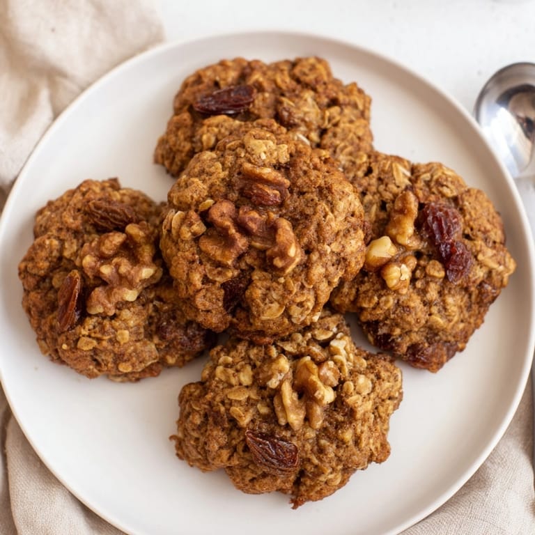Warm, soft-baked Cinnamon Date Nut Oatmeal Cookies, showcasing chewy oats and fruit.
