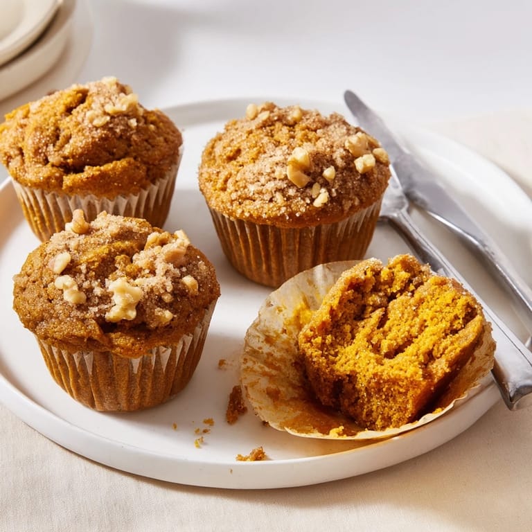 Golden-brown pumpkin muffins filled with warm ginger and cinnamon, perfect for fall.  