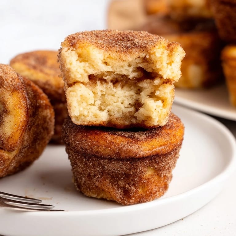 Mouthwatering churro muffin pancakes stacked high, invitingly sprinkled with sweet cinnamon sugar.