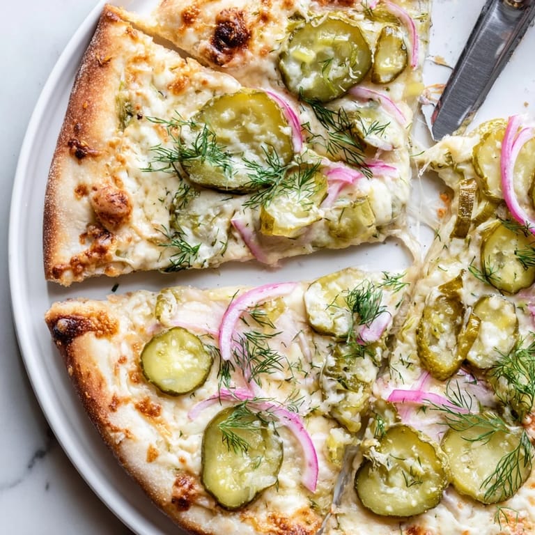 Savory Pickle Pizza featuring rich crème fraîche and crispy dill cucumber slices.