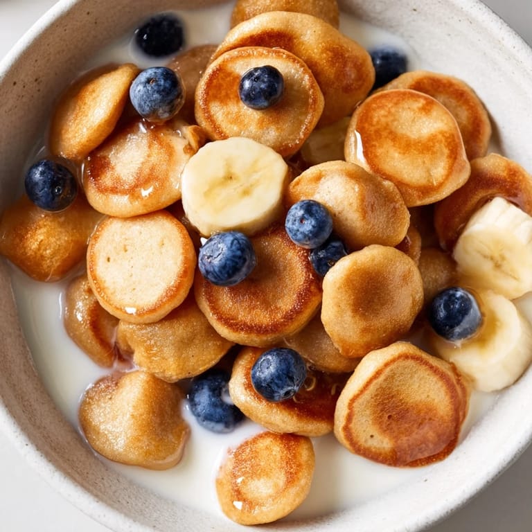 Delicious mini pancake cereal drizzled with honey and milk for breakfast fun.  