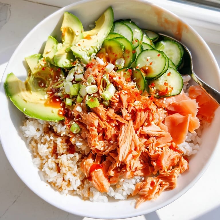 Delicious Leftover Salmon & Rice Bowl drizzled with soy sauce and fresh vegetables.  