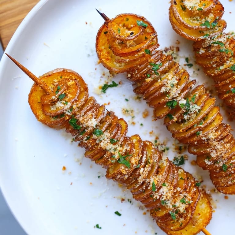 Golden brown Air-Fryer Tornado Potatoes topped with Parmesan and fresh herbs await.  
