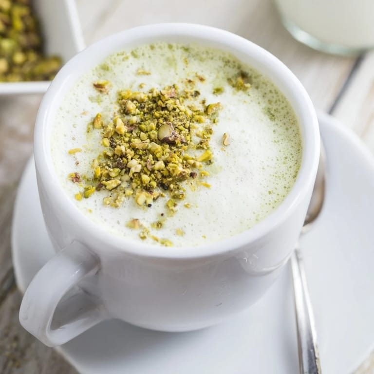 Homemade pistachio milk latte with rich espresso, garnished for a nutty delight.  