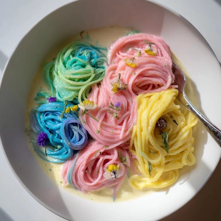 Whimsical Neon Noodle Cloud twirled in a soft, creamy cloud-like sauce.
