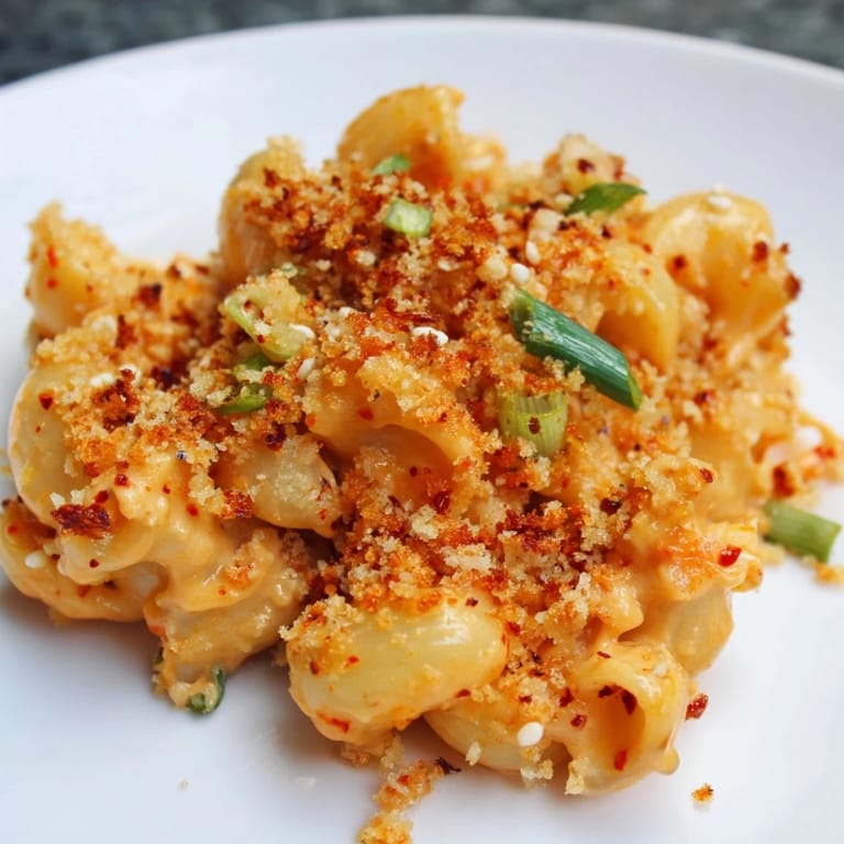 Deliciously bold Spicy Kimchi Mac & Cheese, blending tangy flavors and cheesy goodness.  