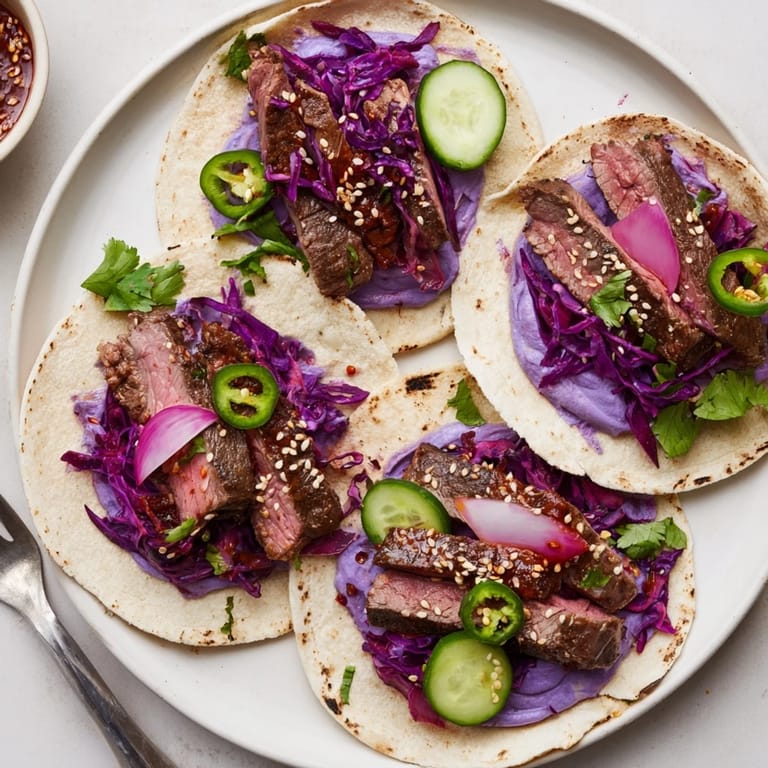 Savory Korean bulgogi tacos topped with fresh vegetables and zesty pickled onions.  