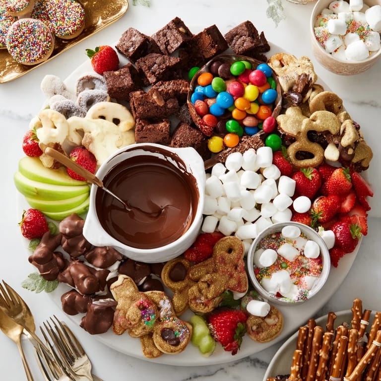 Elegant dessert board showcasing cookies, chocolates, and vibrant themed snacks.