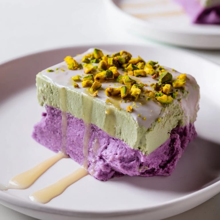 Vibrant Ube & Pistachio Ice Cream Bars drizzled with condensed milk, a delightful dessert treat.  