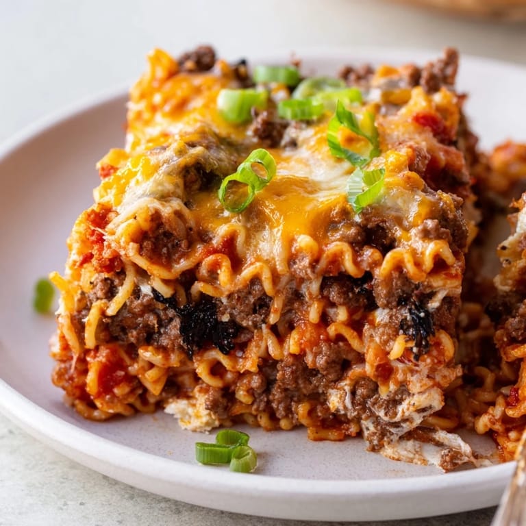 Bold Spicy Ramen Lasagna topped with bubbling mozzarella and rich ground pork flavor.  