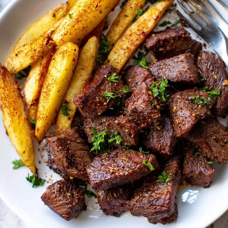 Flavorful Blackened Cajun Steak Bites and golden fries, perfect for sharing at dinner.