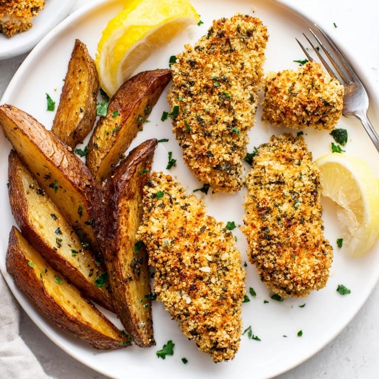 Golden potato wedges and flavorful chicken tenders ready for a delicious family meal.