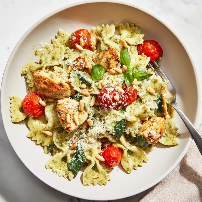 Creamy Pesto Chicken Bowtie Pasta served with cherry tomatoes and baby spinach.  