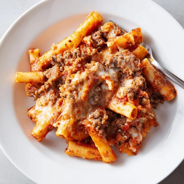 Comforting Cheesy Beef & Penne Bake with rich tomato sauce and golden crusty cheese layer.  