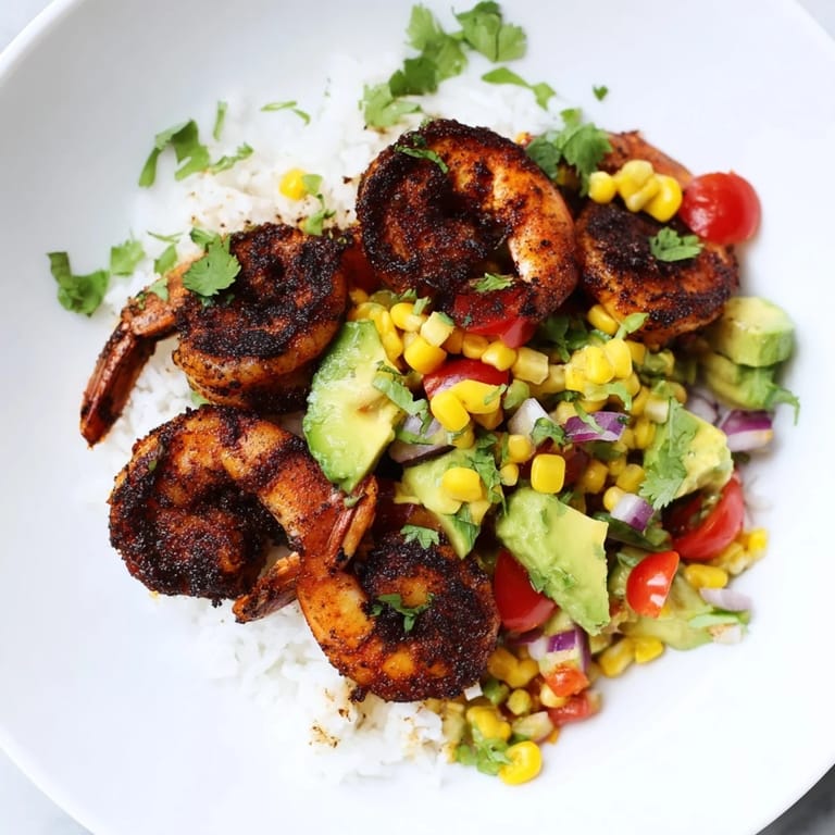 Spicy blackened shrimp atop a bed of rice, topped with fresh avocado corn salsa for a tasty bowl.