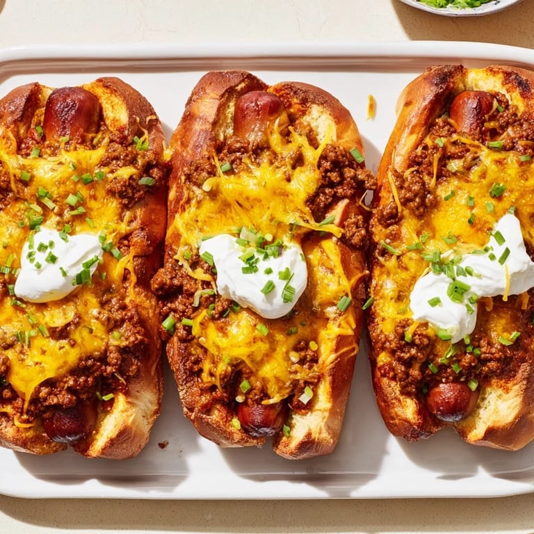 Golden-topped Chili Dog Casserole, with visible hot dogs and melted cheese in a baking dish.