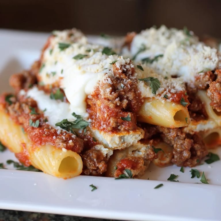 Golden-brown, cheesy Baked Ziti with Meat Sauce, layered with ziti pasta and a flavorful meat sauce.