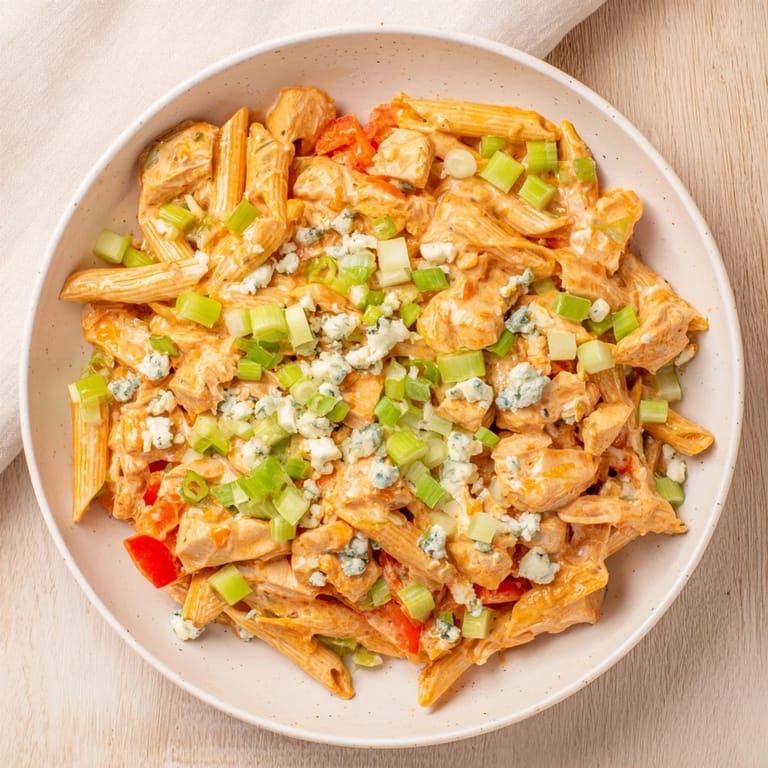 Savory Buffalo Chicken Pasta Skillet bubbling in a pan, ready to serve with a garnish of fresh green onions.