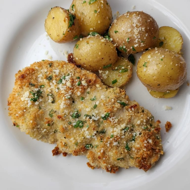 Baked, juicy Parmesan crusted chicken & potatoes, featuring perfectly roasted, flavorful potatoes and chicken.