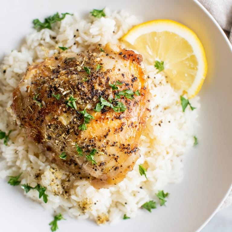 Golden-brown Lemon Pepper Chicken breasts glistening with lemon juice, served alongside fragrant, perfectly cooked rice.