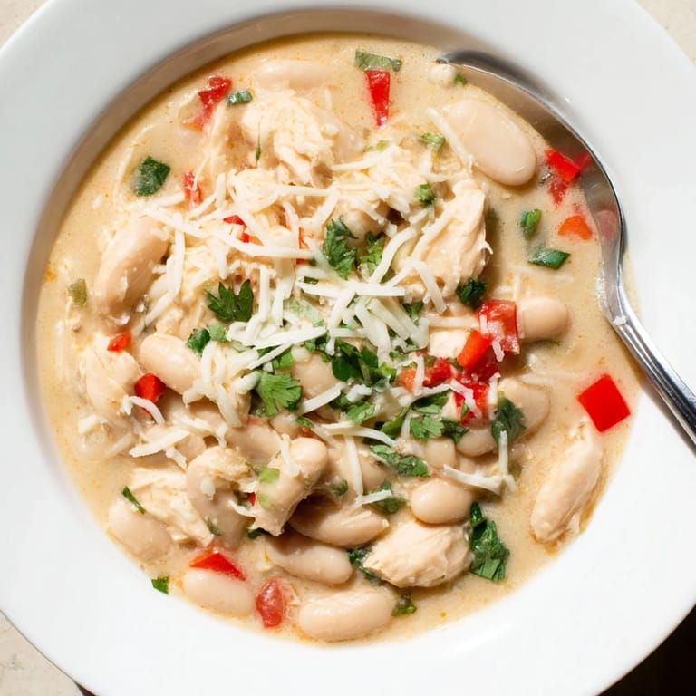 A steaming bowl of Creamy White Chicken Chili with beans, inviting us in on a cold evening.