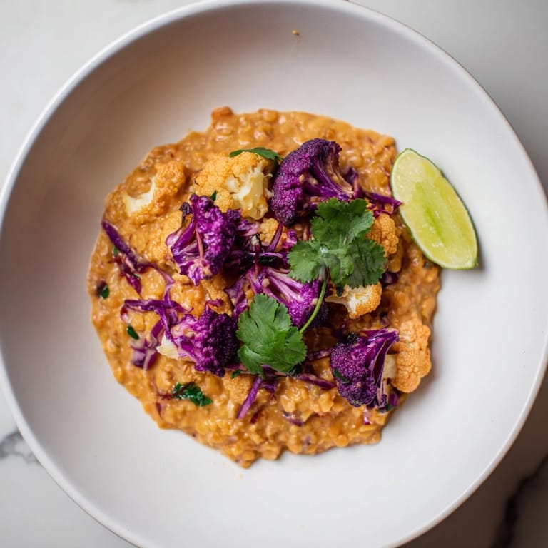 Creamy Red Cabbage, Cauliflower & Coconut Dhal: a hearty, vegan Indian-inspired dish with warming spices.