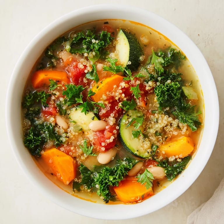 A comforting bowl of hearty Minestrone with Quinoa & Winter Greens, full of fresh vegetables.