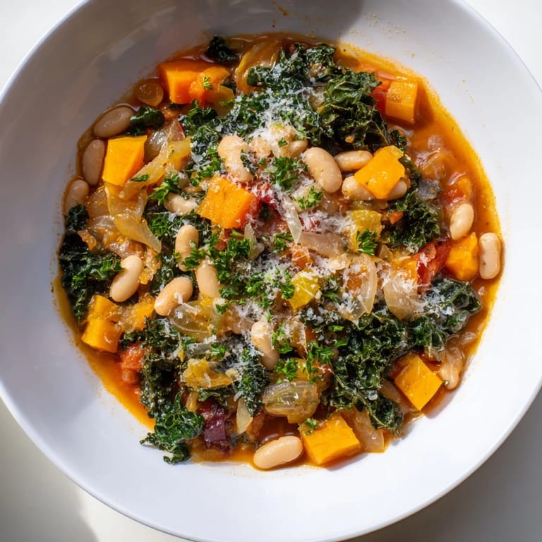 Close-up of a rustic Italian Bean & Kale Stew, perfectly garnished with fresh parsley and Parmesan.
