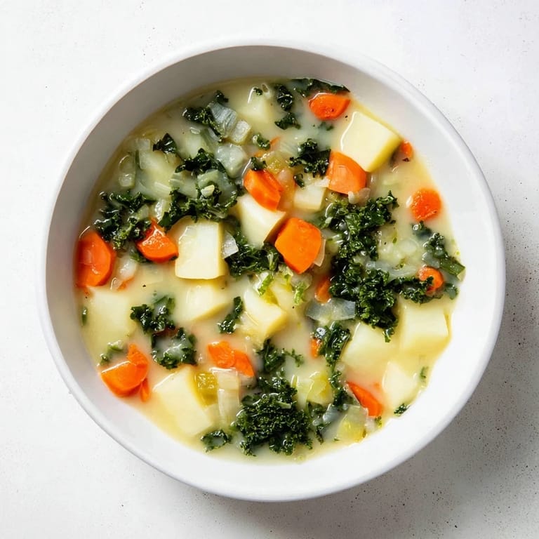 Golden, chunky Vegetarian Potato-Kale Soup, perfect for a cozy dinner on a cold autumn evening.