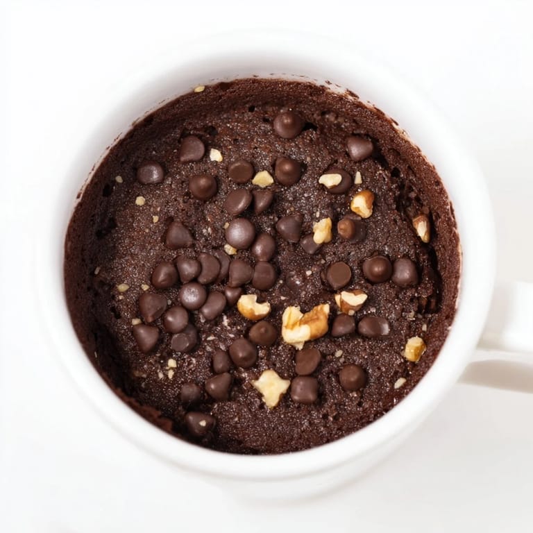 Homemade microwaved mug cake, a warm, chocolate dessert ready in minutes, perfect for any occasion.