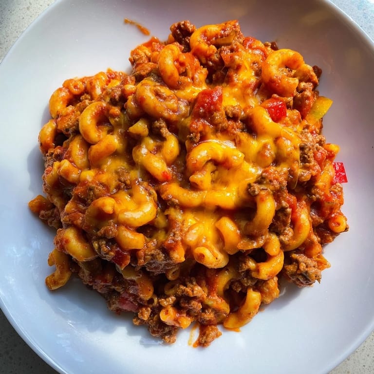 Golden, melted cheddar cheese tops a hearty oven-baked hamburger casserole, a family favorite meal.