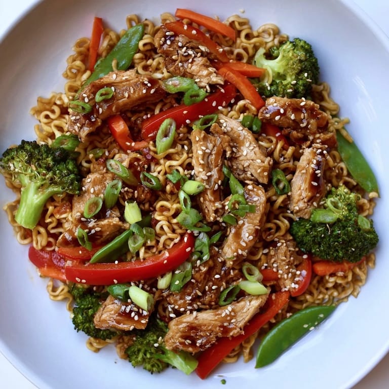 Close up of delicious sheet-pan crispy ramen, featuring golden chicken and colorful vegetables.