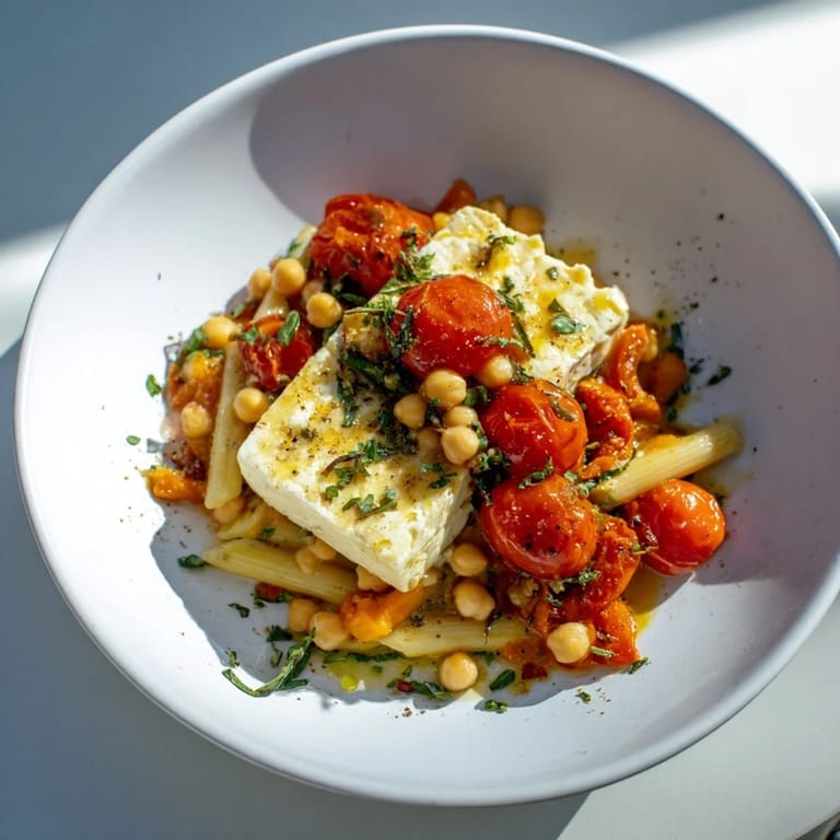 Golden, bubbly baked feta with juicy roasted tomatoes and chickpeas, perfect for pasta/rice.