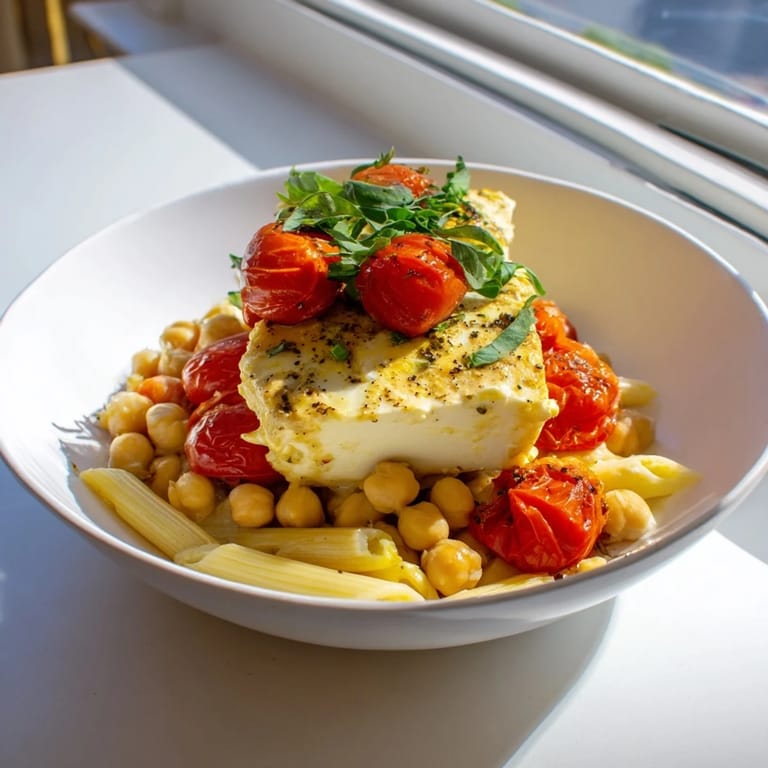 A close-up of baked feta chickpeas & tomatoes, a delicious vegetarian pasta entree for sharing.