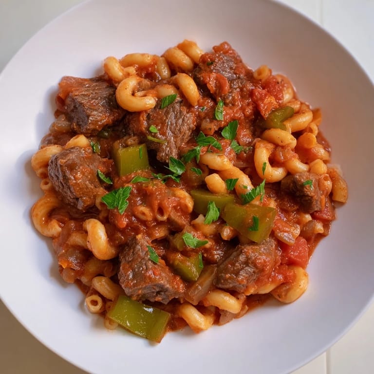 Close-up of a bubbling pot of flavorful goulash, a classic beef and pasta dish.