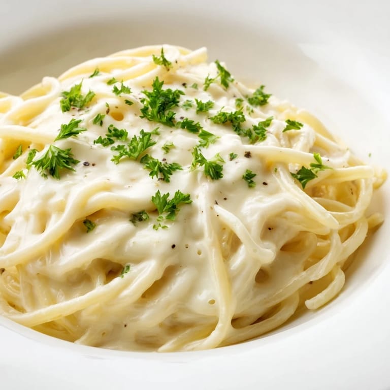 Comforting close up of creamy, cheesy Creamy Three-Cheese Spaghetti, ready to be devoured.