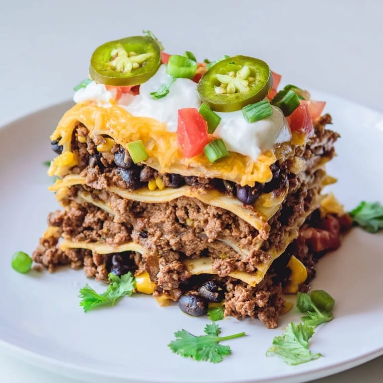 Melting cheese covers this hearty Taco Lasagna, a delicious fusion of flavors and comforting textures.