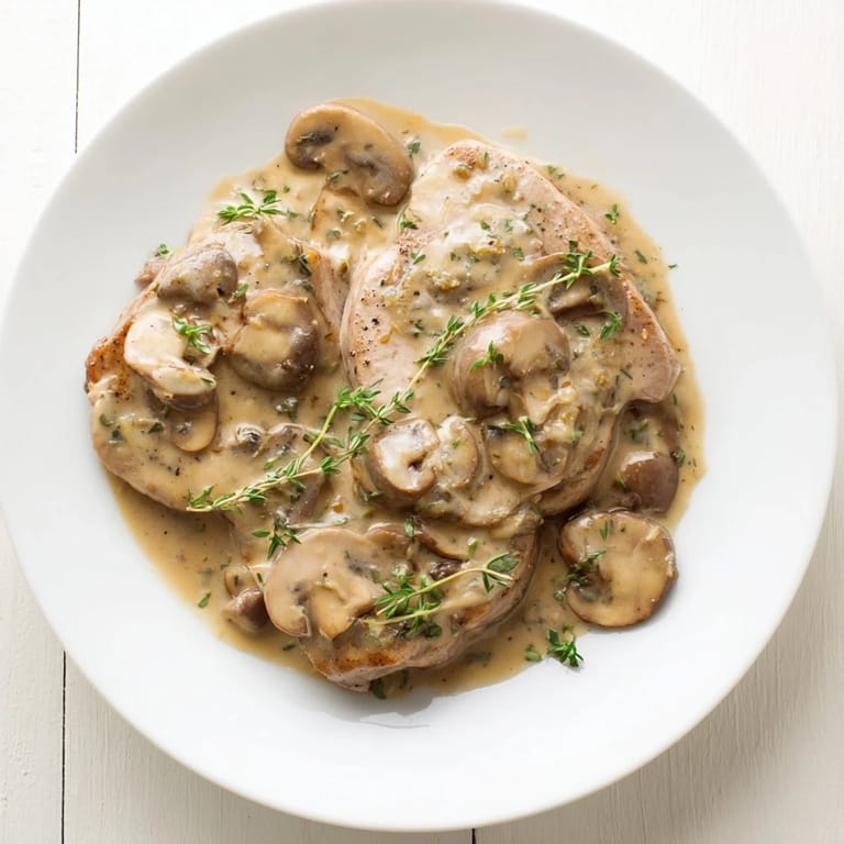 Savory Stove Top Pork Chops with cream of mushroom sauce, served with parsley garnish, a comforting meal.