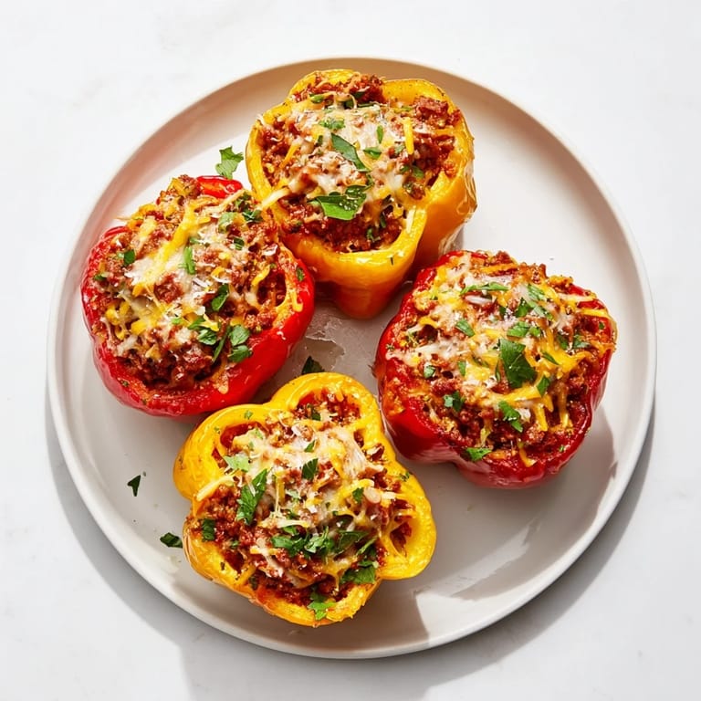 A close-up of baked Sloppy Joe stuffed bell peppers that are vibrant and steaming, a family favorite.