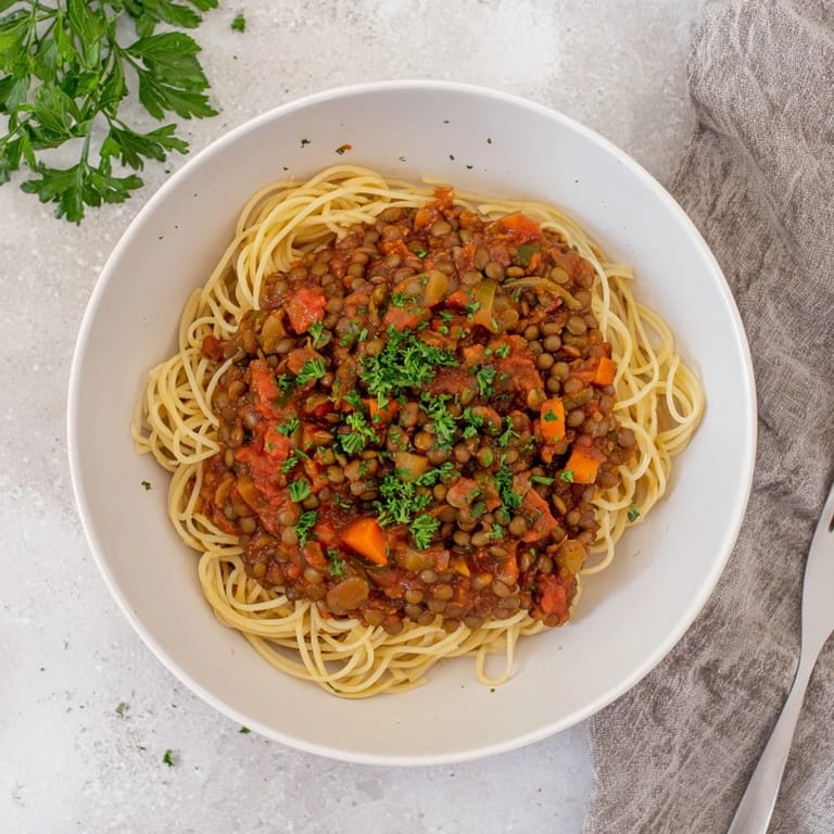 This comforting Hearty Lentil Bolognese features a hearty texture with beautiful, vibrant colors, ready to savor.