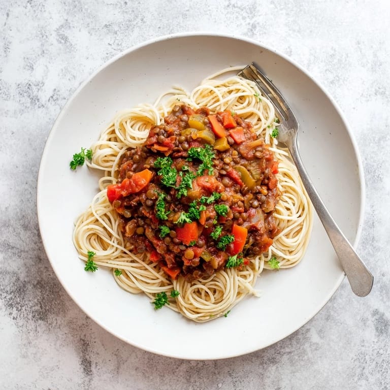 A close-up of a rustic bowl brimming with Hearty Lentil Bolognese, ready to be enjoyed with fresh herbs.