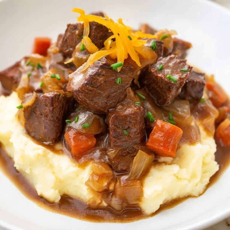 Tender beef stew simmered in apple cider, served atop cheesy mashed potatoes, a classic fall meal.