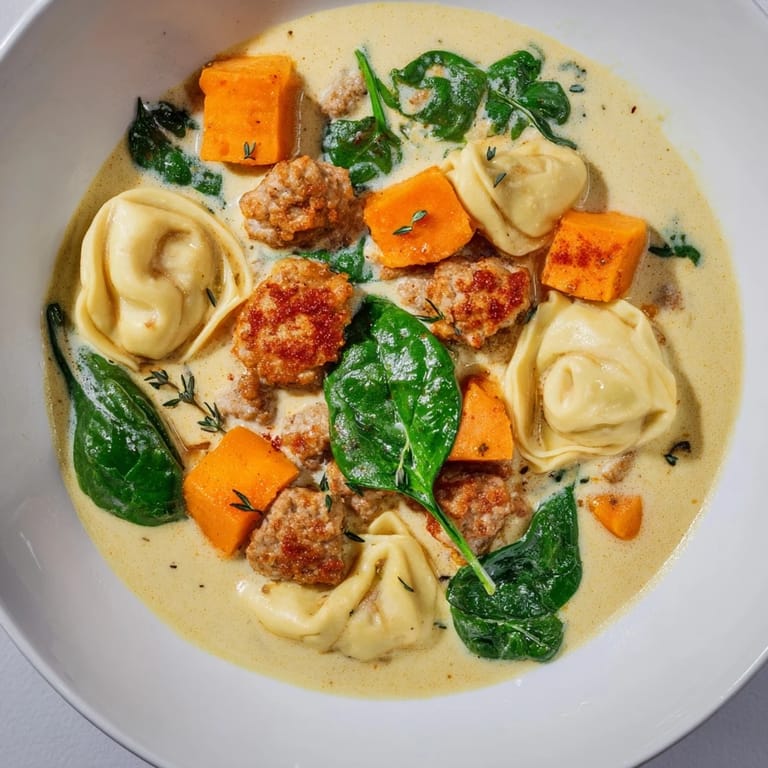 Delicious, steaming Creamy Sausage Tortellini Soup, topped with fresh herbs, is ready to serve.