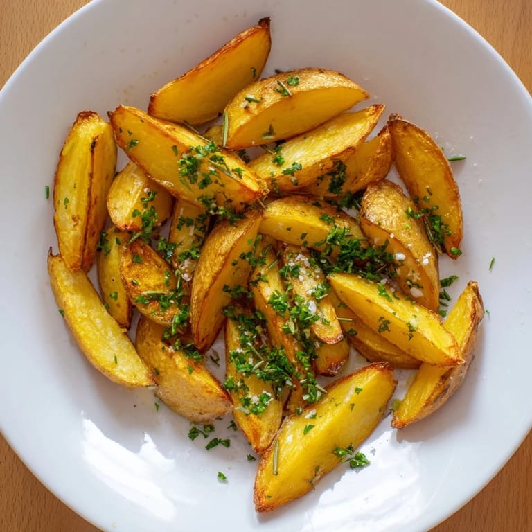 Crispy Quick Rosemary Roast Potato Wedges, seasoned with herbs, await dipping and eating warm.