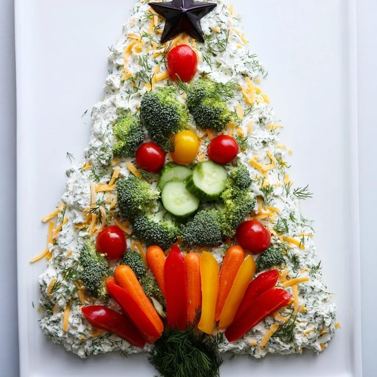 A vibrant Christmas Tree Dip shows a creamy appetizer surrounded by colorful vegetables and crackers, ready to eat.