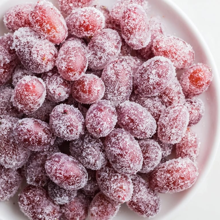 These delightful Quick Frozen Grape Treats are glistening and covered in sparkly sugar, frozen solid and beautiful.