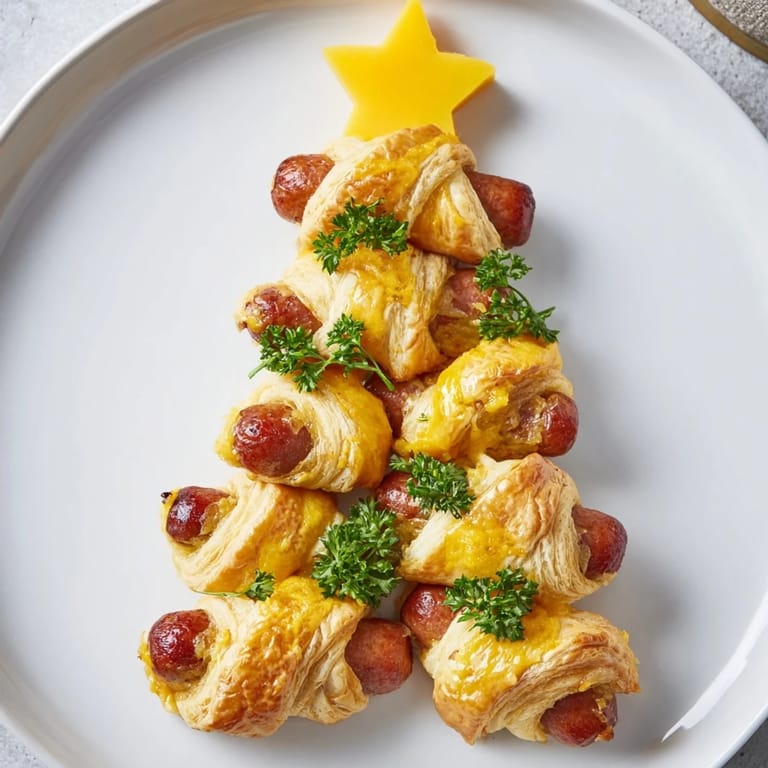 Mouthwatering holiday appetizer: puff pastry-wrapped Express Pigs in Blanket, ready to serve with mustard dip.