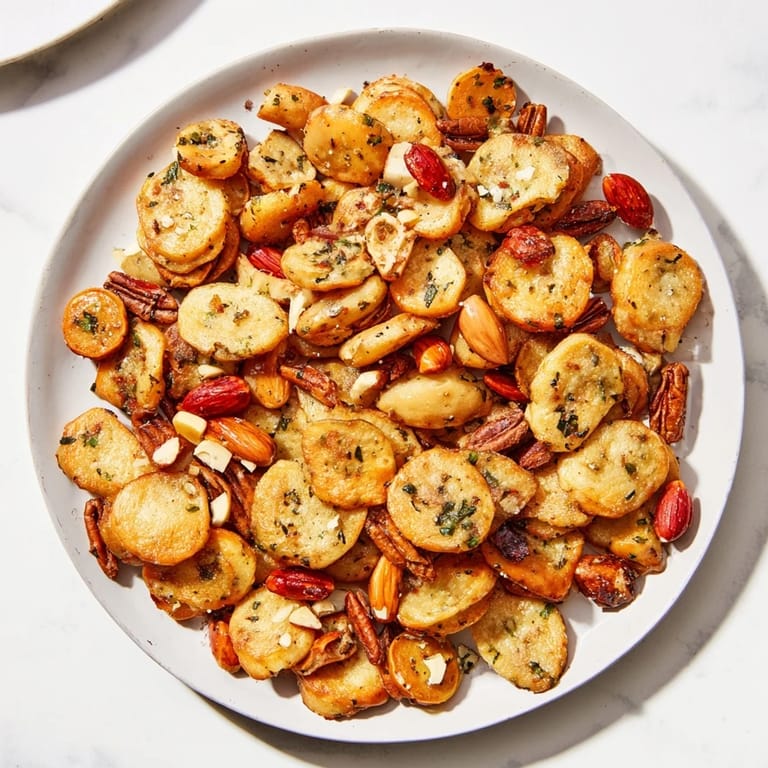 A close-up shot of the Air Fryer Bagel Chip Christmas Mix, showcasing crunchy textures and holiday colors.